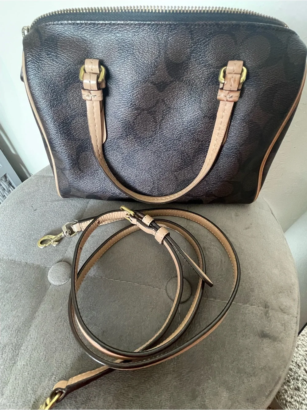 Coach Brown Signature Satchel with Beige Trim and Red Tag